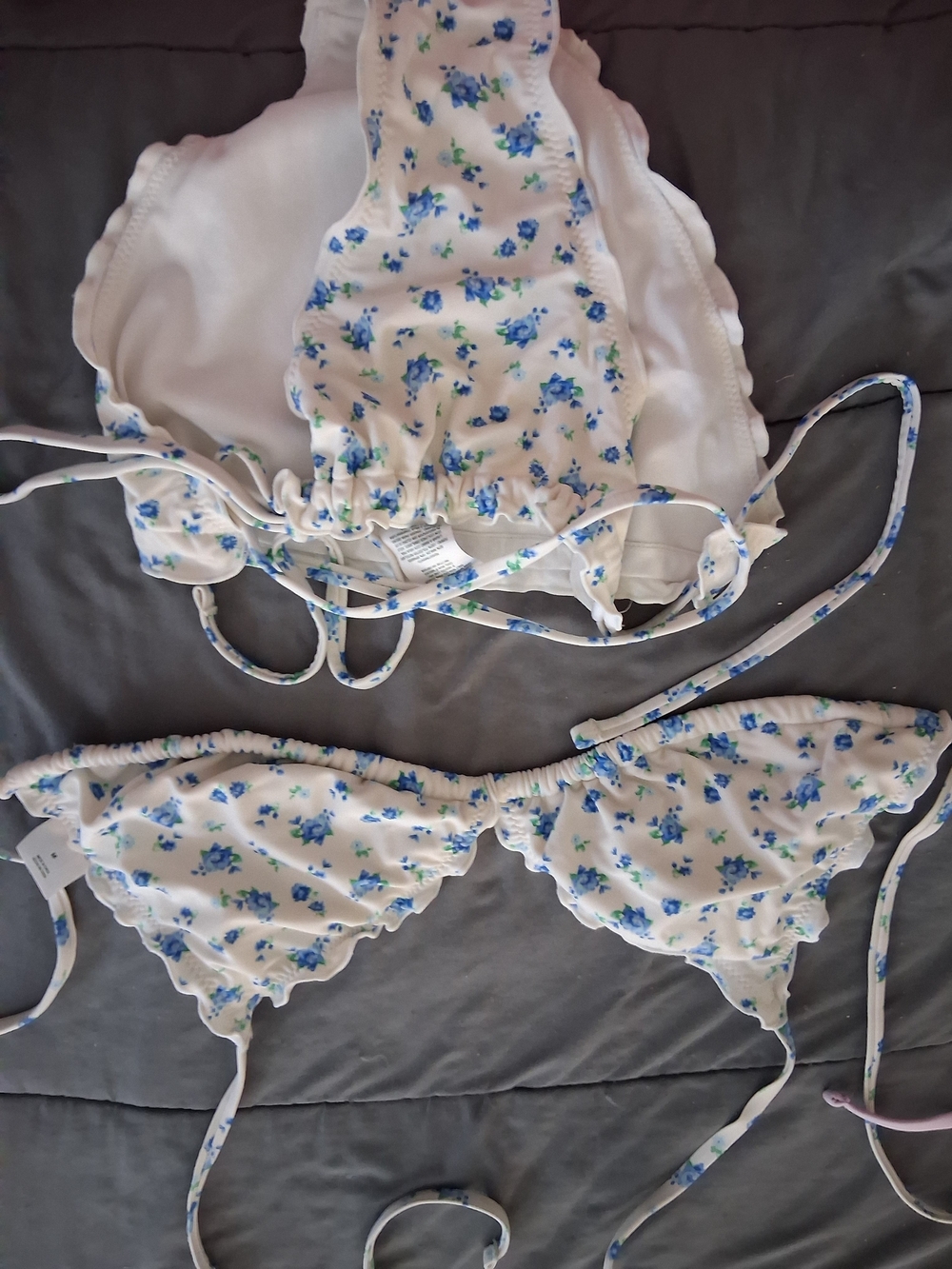 Floral Triangle Bikini Top and Scrunch Bottom Set - White with Blue Floral